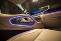 Moscow, russia - december 24, 2019: close-up of premium LED ambiant light empty interior of premium SUV Mercedes GLS class night