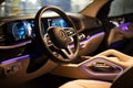 moscow, russia - december 24, 2019: close-up of premium LED ambiant light empty interior of premium SUV Mercedes GLS