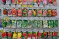 Moscow, Russia, December 2019: Close-up of a stand with paper bags with seeds of vegetables: tomatoes, cucumbers, peppers. Sale in