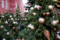 Moscow, Russia - December 16, 2018: Decorated Christmas trees against the State Historical Museum Royalty Free Stock Photo