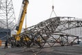 Moscow, Russia - December 21, 2017. The dismantling of the towers of high voltage lines in the city