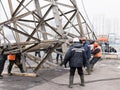Moscow, Russia - December 21, 2017. The dismantling of the towers of high voltage lines in the city