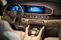 moscow, russia - december 24, 2019: driver's dashboard empty interior of light interior of premium SUV Mercedes GLS