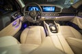 Moscow, Russia - December 24, 2019: Empty interior of light leather interior of premium SUV Mercedes GLS class night shooting.