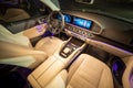 Moscow, Russia - December 24, 2019: Empty interior of light leather interior of premium SUV Mercedes GLS class night