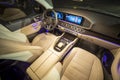 Moscow, Russia - December 24, 2019: Empty interior of light leather interior of premium SUV Mercedes GLS class night shooting.