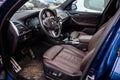 MOSCOW, RUSSIA - DECEMBER 7, 2919: empty interior of the modern premium BMW H3 M series car. driver`s seat. dirty interior,