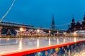 Moscow, Russia - December 15, 2021: Empty Winter skating rink on Christmas Fair at the Red Square