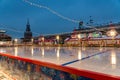 Moscow, Russia - December 15, 2021: Empty Winter skating rink on Christmas Fair at the Red Square