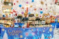 MOSCOW, RUSSIA - December 15, 2021. GUM Main Department Store. New Year and Christmas fair. Close up of christmas toys for sale.