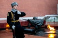 Hourly change of the Presidential guard of Russia at the Tomb of Unknown soldier and Eternal flame in Alexander garden near Kremli