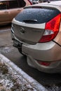 Moscow, Russia - December 29, 2019: Hyundai Solaris car after the accident, broken bumper. Broken Hyundai, a Korean car with a