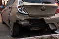 Moscow, Russia - December 29, 2019: Hyundai Solaris car a broken bumper close-up. The consequences of a car accident, a crumpled