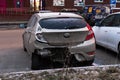 Moscow, Russia - December 29, 2019: Hyundai Solaris car with a broken bumper and a crumpled body. Rear view, ripped-up passenger