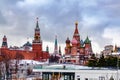 Intercession Cathedral or St. Basil`s Cathedral and the Spassky Tower of Moscow Kremlin at Red Square in Moscow, Russia. Royalty Free Stock Photo