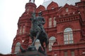 A monument to the marshal of the Soviet Union Georgy Konstantinovich Zhukov on a horse before the Historical museum at Red Square.