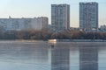 Moscow, Russia - december 4, 2020: People skate on the frozen Moscow Canal in Moscow, Russia. People on the frozen river