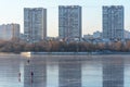 Moscow, Russia - december 4, 2020: People skate on the frozen Moscow Canal in Moscow, Russia. People on the frozen river