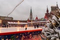 Moscow, Russia - December 15, 2020: People skating on Winter skating rink on Christmas Fair at the Red Square