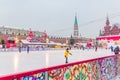 Moscow, Russia - December 20, 2018: People skating on Winter skating rink on Christmas Fair at the Red Square