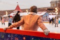 Moscow, Russia - December 15, 2020: People skating on Winter skating rink on Christmas Fair at the Red Square