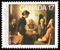 Postage stamp printed in Canada shows Meeting of the School Trustees painting by Robert Harris, Centenary of Royal Canadian