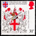 Postage stamp printed in United Kingdom shows Arms of the City of London, 500th Anniversary of College of Arms serie, circa 1984 Royalty Free Stock Photo