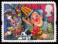 `Circus Clowns` Emily Firmin and Justin Mitchell, Greetings Stamps 1995 - Art serie, circa 1995 Royalty Free Stock Photo