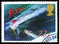 Postage stamp printed in United Kingdom shows `Giotto` Spacecraft approaching Comet, Halley`s Comet serie, circa 1986