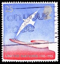 Postage stamp printed in United Kingdom shows Symbolic Hand releasing Peace Dove, Peace and Freedom Europa C.E.P.T. 1995 serie,