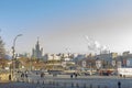 Moscow, Russia - December 1, 2019: Red Square Vasilyevsky Spusk, view of the entrance to Zaryadye Park, the first hydroelectric