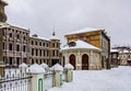 A replica of old houses on a city street on the territory of the museum of the Mosfilm film concern.. Moscow, Russia.