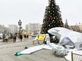 Moscow, Russia, December, 30. 2020. Sculptures of polar bears at the Christmas tree on Manezhnaya Square in winter. Russia, the ci