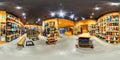 MOSCOW RUSSIA DECEMBER 21 2017 Shop sporting goods for active and extreme sports. Snowboards, skis, bicycles 360 panorama