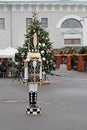 A statue of a tin soldier stands at the Christmas festival in Moscow