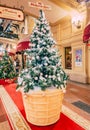 MOSCOW, Russia - December 19, 2018: Unusual fair Christmas trees In the form of ice cream in a waffle cup in the Main