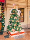MOSCOW, Russia - December 19, 2018: Unusual fair Christmas trees In the form of Soviet woman seller of Deli number 1 in