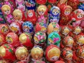 A variety of Russian souvenirs with different images, are sold in the shops on the street Old Arbat in Moscow city Royalty Free Stock Photo