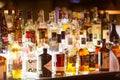 Moscow, Russia - December, 2018: Various alcohol bottles in a bar or restaurant Royalty Free Stock Photo