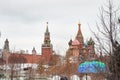 Moscow, Russia - DECEMBER 28, 2020: View of the Kremlin in the center of Moscow from Zaryadye Park. Panorama of the winter snow