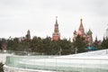Moscow, Russia - DECEMBER 28, 2020: View of the Kremlin in the center of Moscow from Zaryadye Park. Panorama of the winter snow