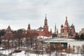 Moscow, Russia - DECEMBER 28, 2020: View of the Kremlin in the center of Moscow from Zaryadye Park. Panorama of the winter snow