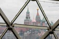 Moscow, Russia - december 10 2018: view from the snow-covered Park of the Moscow Kremlin through the glass Royalty Free Stock Photo