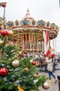 Moscow, Russia - December 15, 2021: Vintage French colorful carousel in a holiday park. Merry-go-round with horses. Christmas Royalty Free Stock Photo