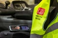 MOSCOW, RUSSIA - DECEMBER 16, 2020 YOLKA WMS badge on yellow signal vest close up view.