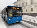 Moscow, Russia, Desember, 13. 2020. The route 8 bus goes along Nikoloyamskaya street in a heavy snowfall. The city of Moscow, Russ