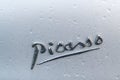The detail logo of the brand `Picasso` of Citroen auto company.