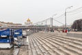 Embankment of the Moscow River on the background of the Crimean Bridge and the Cathedral of Christ the Savior Royalty Free Stock Photo