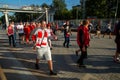 08/25/2018 Moscow Russia. Emotional Spartak fans on the Tushino platform. Perhaps they will come to the match at Spartak Arena