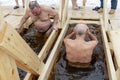 Moscow, Russia, 01/19/2019: Epiphany bathing in the ice hole in winter. Undressed people in ice water